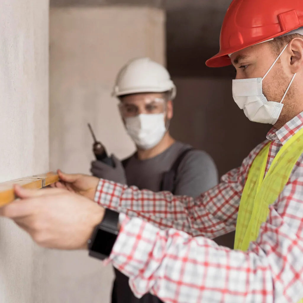 Best handyman near me measuring wall alignment with a level while a colleague prepares tools in a residential construction setting.