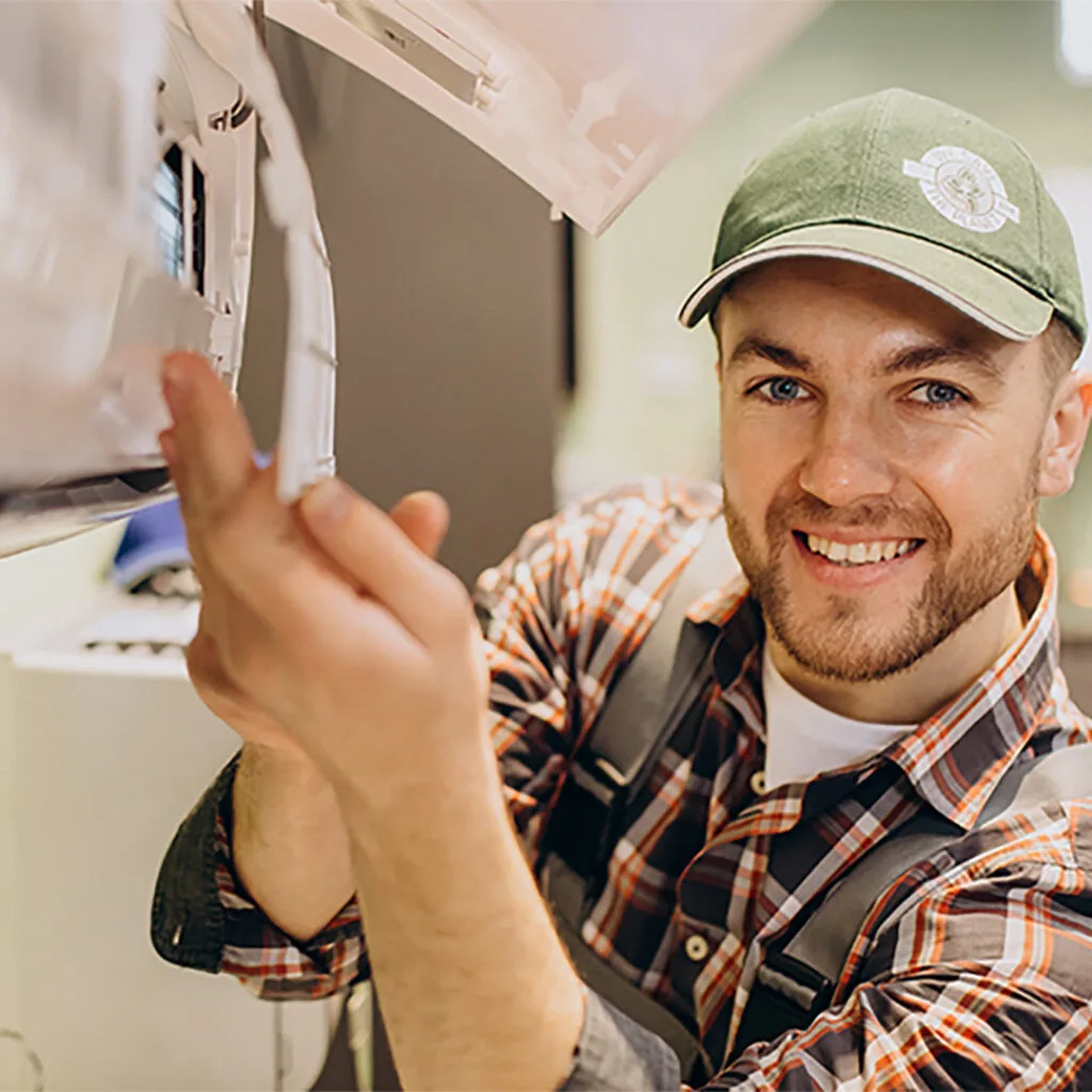 Smiling technician servicing a wall-mounted air conditioning unit, representing a heating and cooling contractor near me.