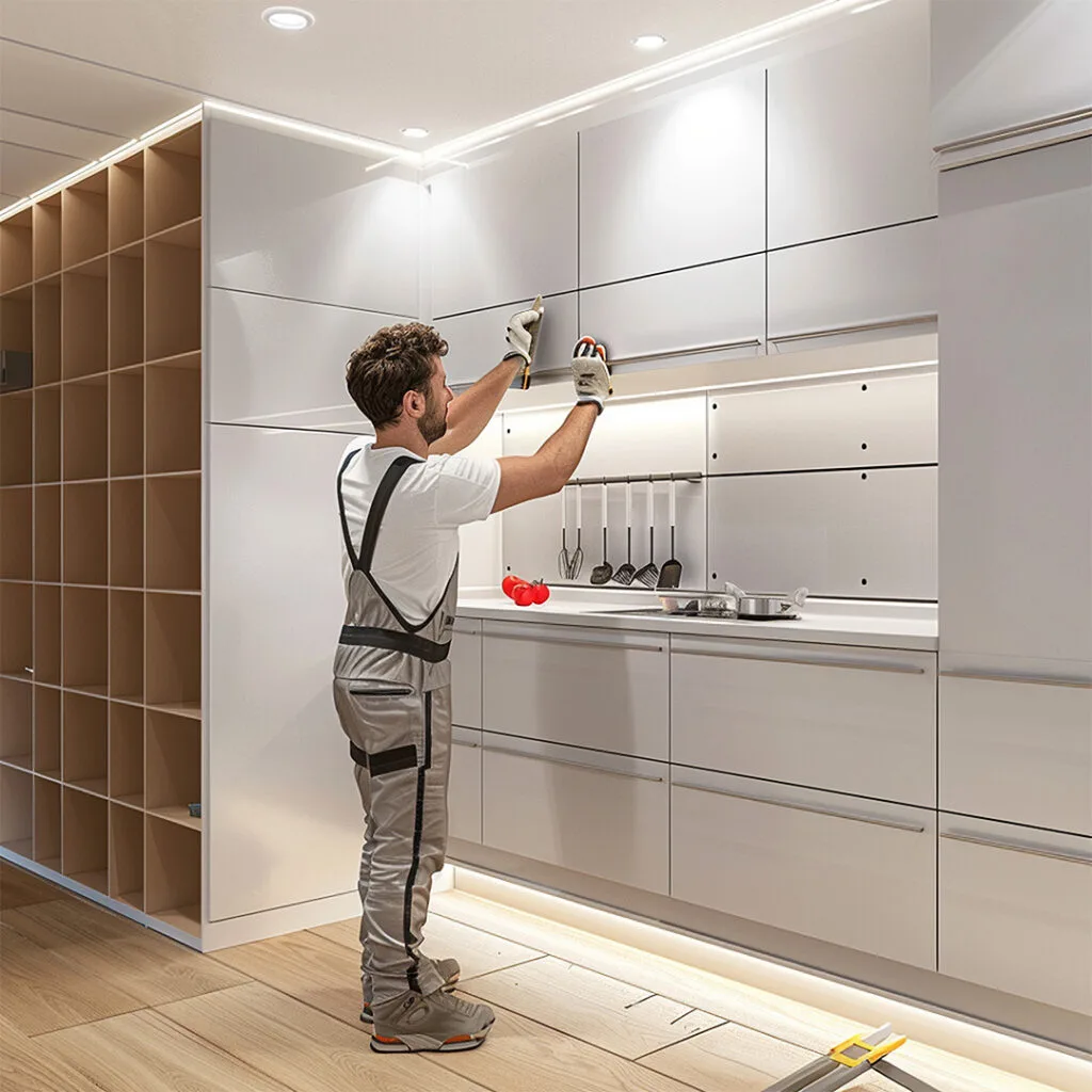 Contractor installing upper cabinets in a modern kitchen during an affordable kitchen remodeling near me project.
