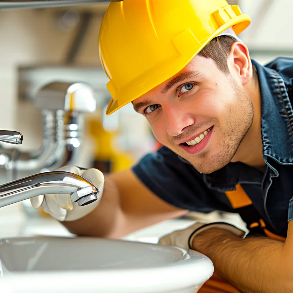 Plumber in a hard hat inspecting a bathroom faucet, representing emergency plumber near me services for urgent home repairs.