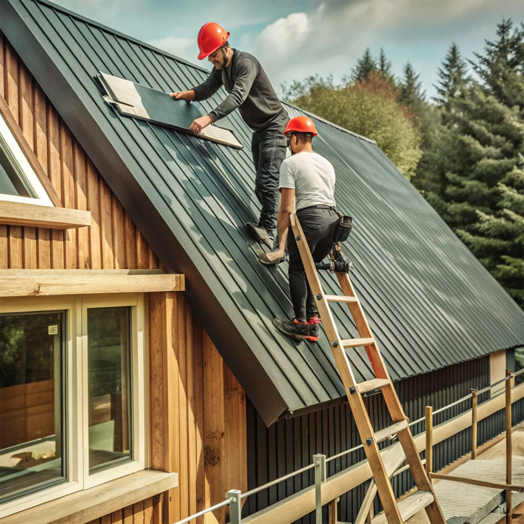 Two roofers in safety helmets installing metal panels on a steep roof, providing emergency roof repair near me services.