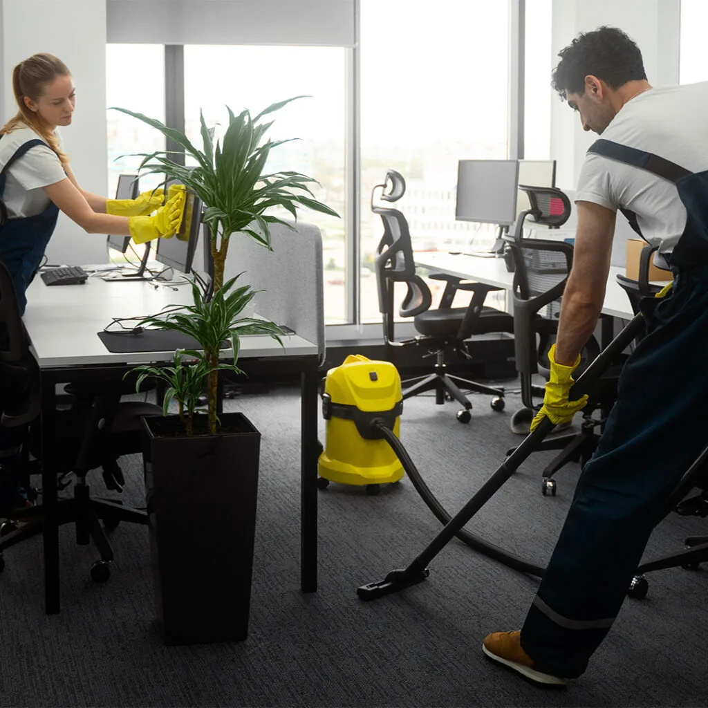Two cleaners performing office maintenance, with one vacuuming carpet as part of professional carpet cleaning near me service.