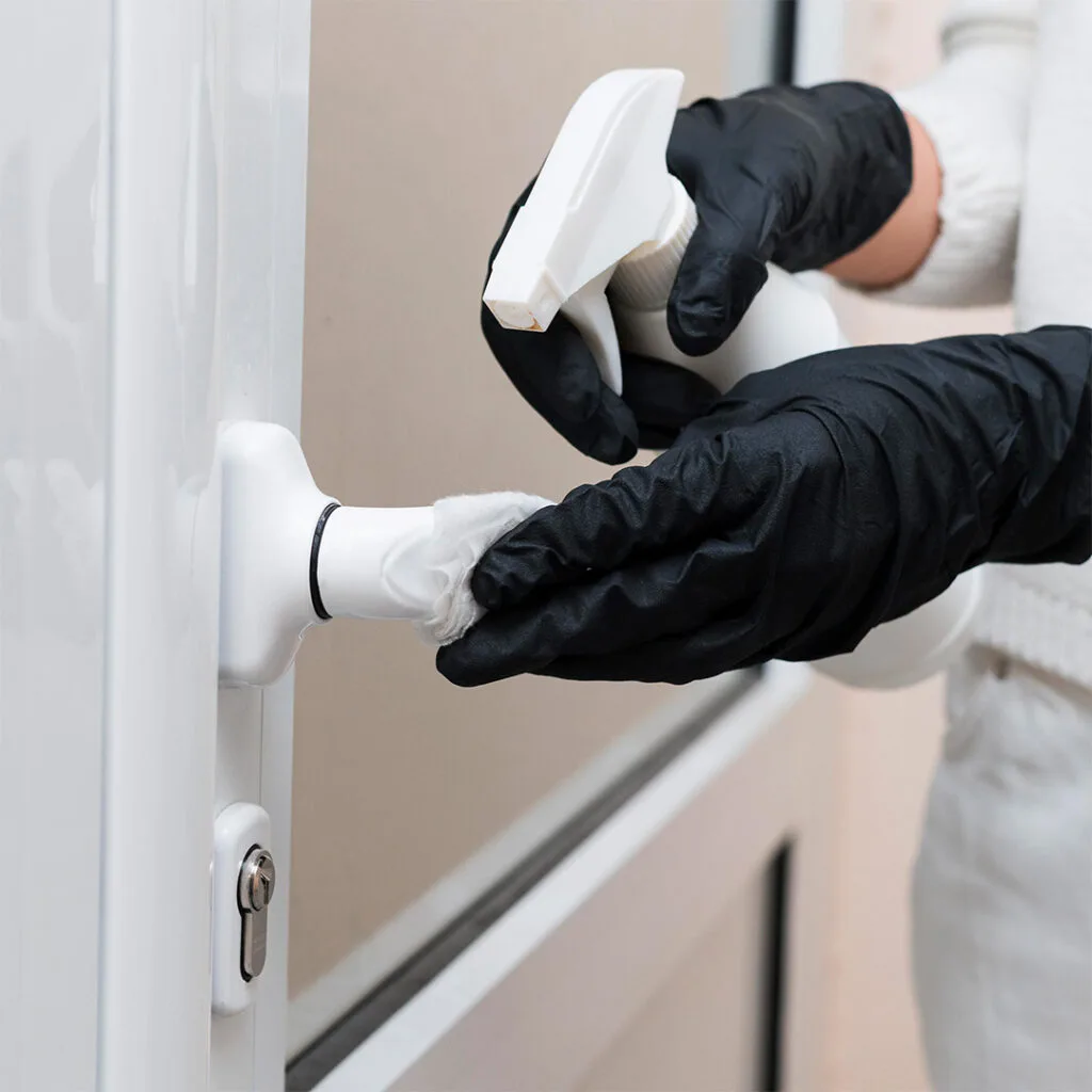 Gloved hands spraying and wiping a white door handle, possibly after a recent door installation near me.