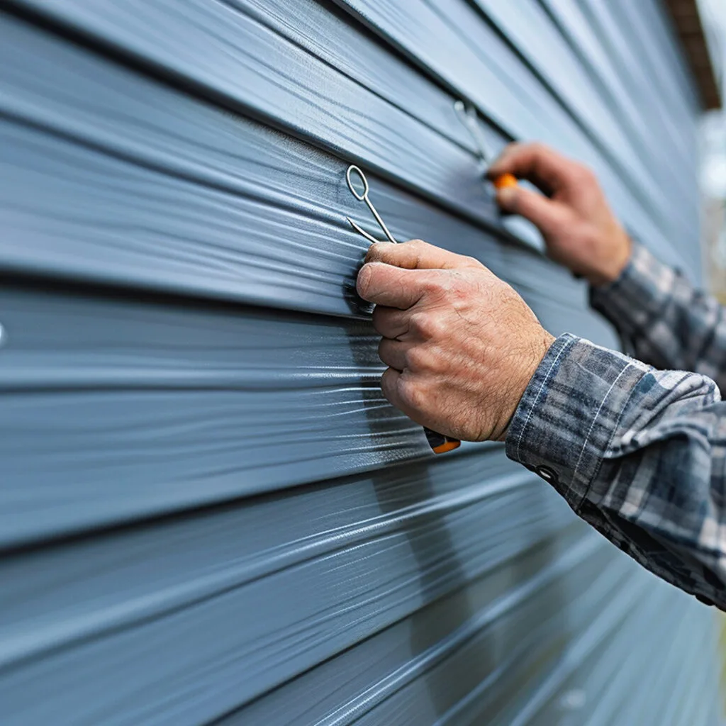Technician adjusting metal panels on a sectional garage door during garage door service and repair near me.