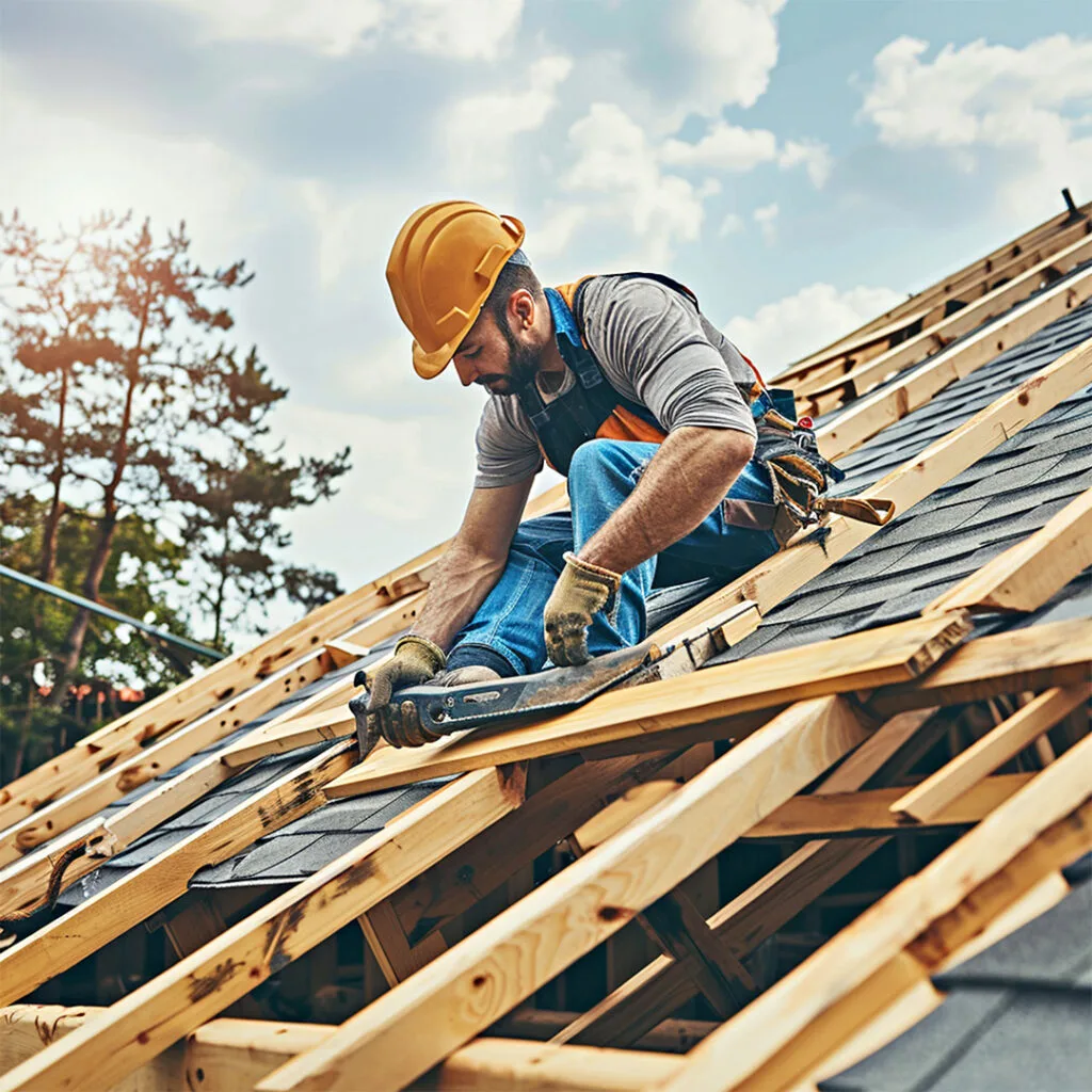 Contractor wearing safety gear repairing roof shingles on a wooden frame, offering emergency roof repair near me services.