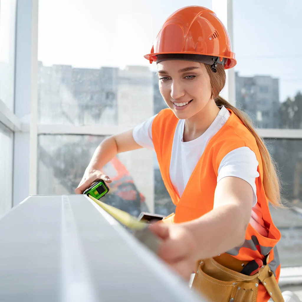 Female contractor in safety gear measuring a window frame, assisting with home window repair near me services.