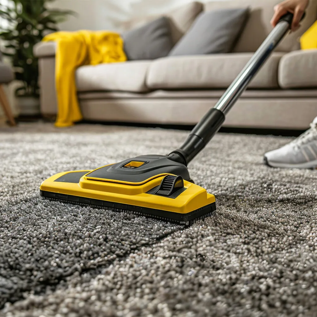 Close-up of a vacuum cleaner deep cleaning a carpet in a modern living room for carpet cleaning near me service.