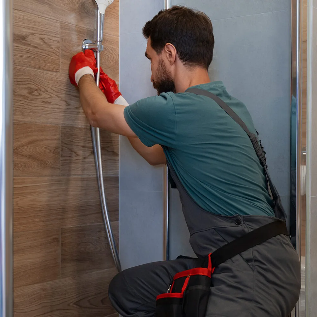 Bathroom remodeling contractor adjusting a wall-mounted showerhead during renovation work.