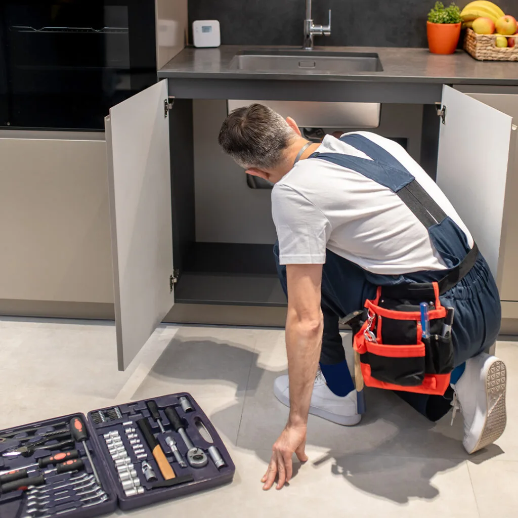 Technician inspecting plumbing under a kitchen sink as part of an affordable kitchen remodeling near me project.