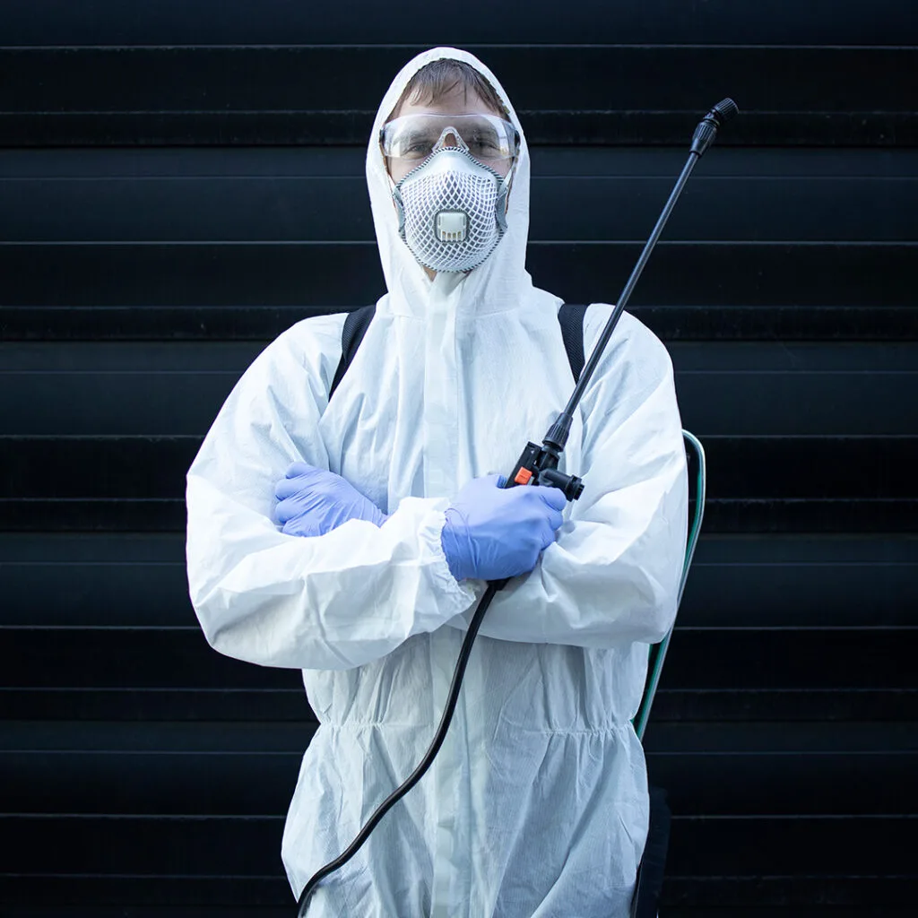 Pest control technician in full protective gear holding a sprayer, ready to provide best pest control near me services.