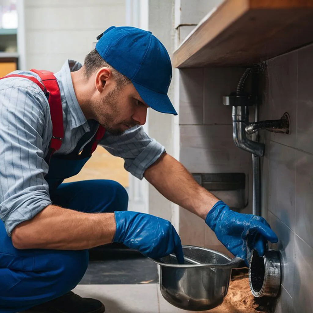 Plumber in gloves unclogging a kitchen drain with tools and bucket, providing emergency plumber near me service.