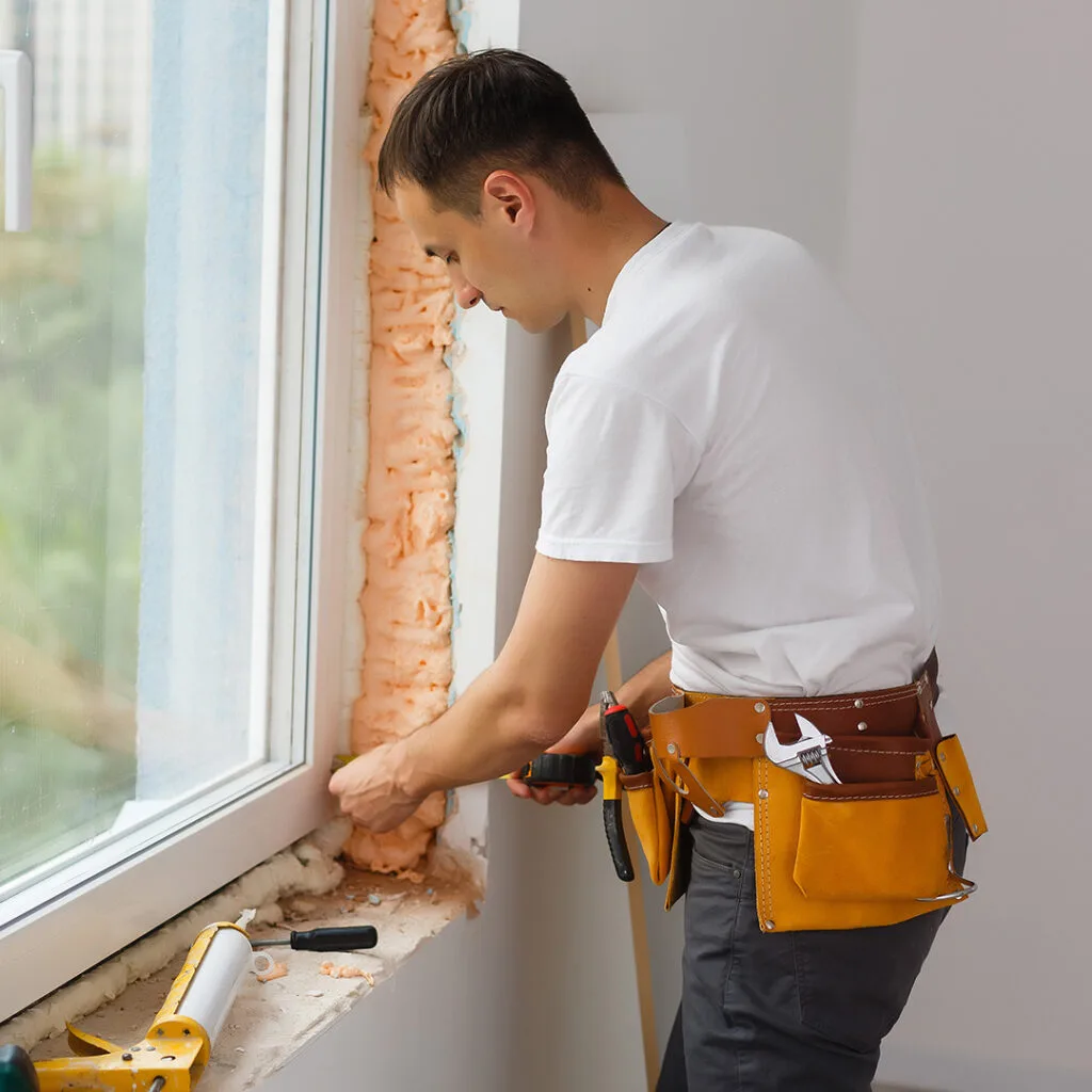 Technician sealing window frame insulation during a residential fix for home window repair near me services.