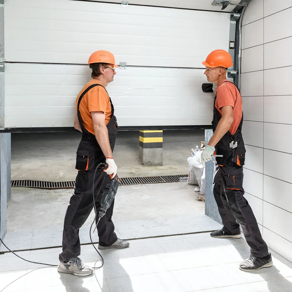 Two technicians in safety gear working on garage door alignment during garage door service and repair near me.