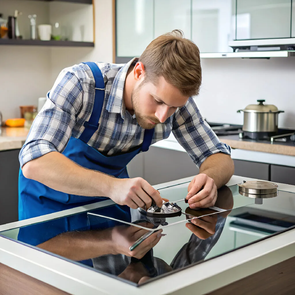 Technician repairing a stovetop burner in a modern kitchen, representing affordable appliance repair services.