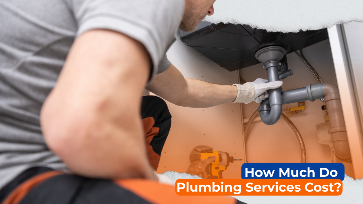 Plumber working on a pipe under the sink with the caption 'How Much Do Plumbing Services Cost?'