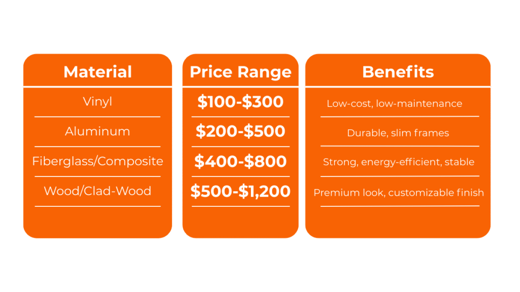 Table breaking down materials, price range, and benefits