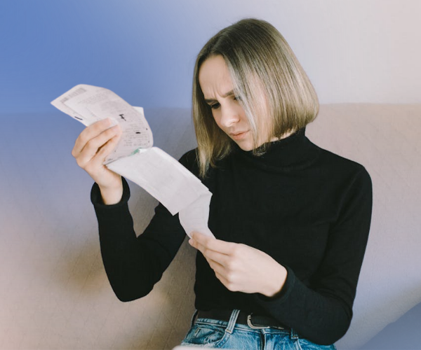 Concerned home owner looking through receipts