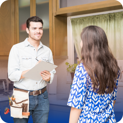 Electrician talking with homeowner about tips that may save them money