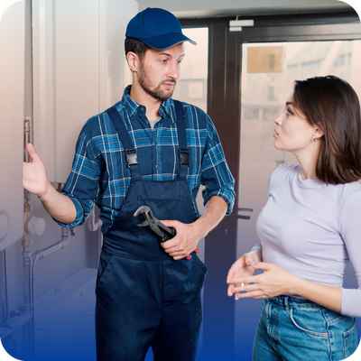 A man and woman engaged in conversation in front of an open refrigerator filled with food items.