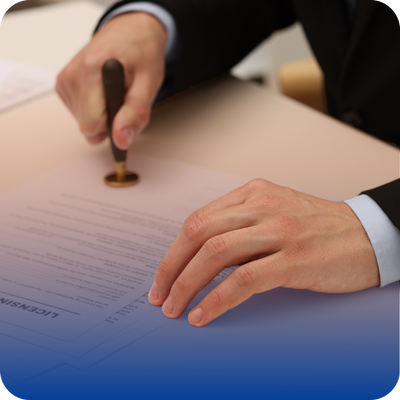 A suited individual is poised to stamp a piece of paper, showcasing a formal business setting.