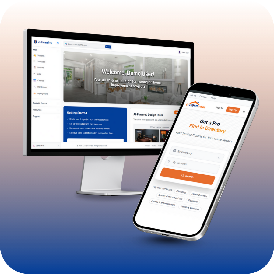 Mobile app interface for Dr. Home Fixer showcasing tools and services for home renovation projects.