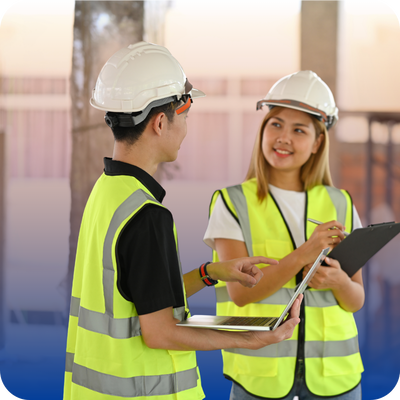 Two construction professionals wearing hard hats and high-visibility vests review information on a clipboard and laptop.