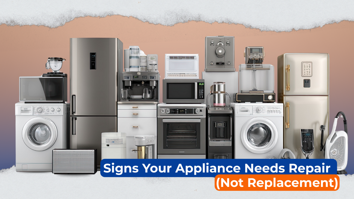 A collection of appliances featuring a sign that reads they need repair, intended for homeowners.