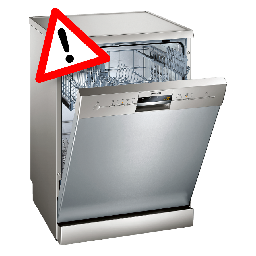 A dishwasher displaying a warning sign, alerting homeowners to possible malfunctions or safety concerns.