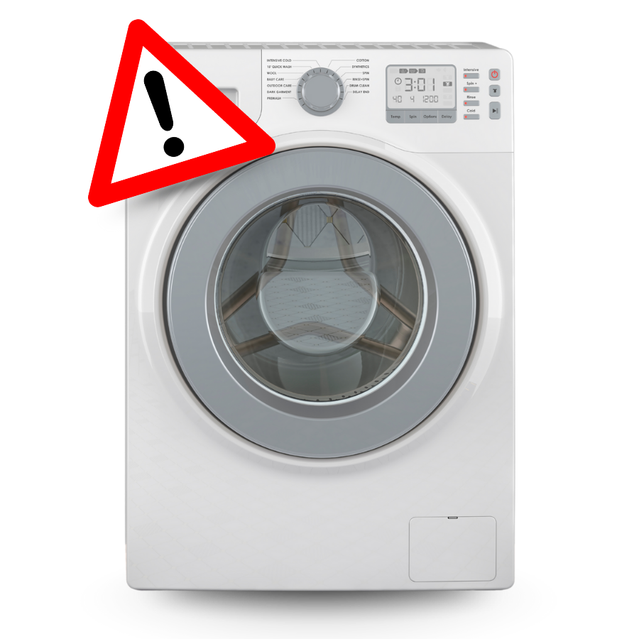A washing machine with a visible warning sign, alerting homeowners to possible maintenance or safety concerns.