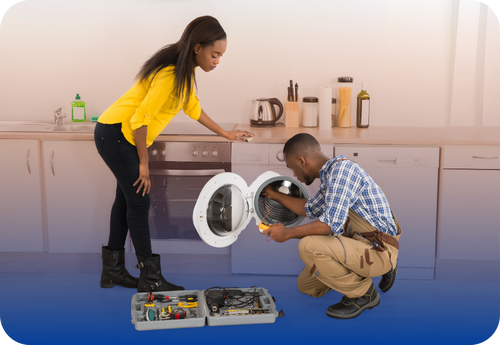 A man and woman work on a washing machine, illustrating quick troubleshooting methods before contacting a technician.