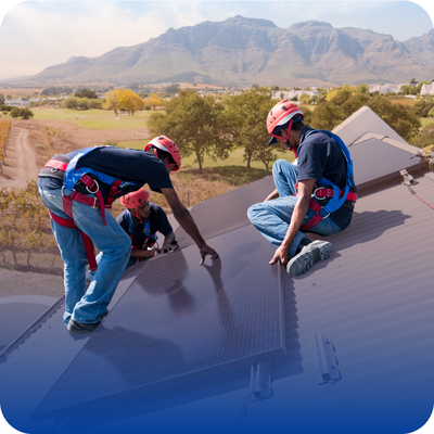 Three contractors working together to install a solar panel on a rooftop, emphasizing skills in sustainable energy.