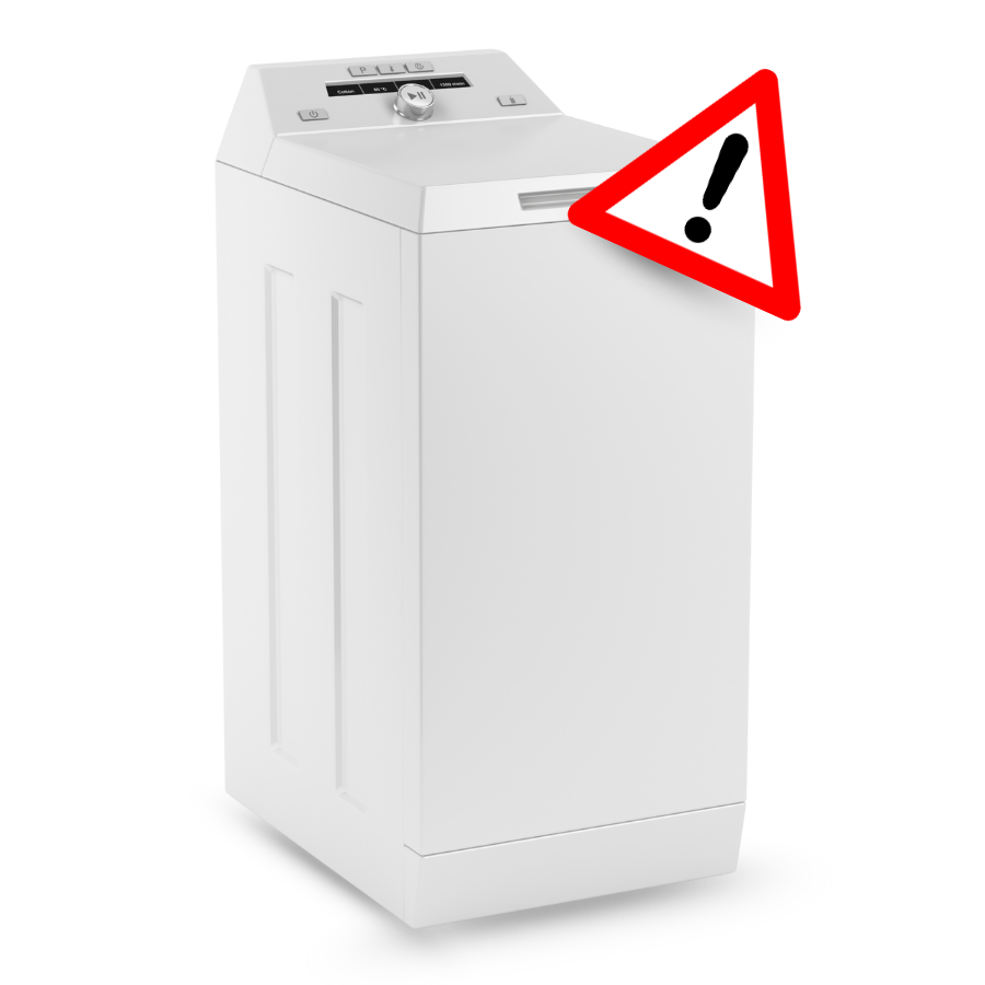 A washing machine with a visible warning sign, alerting homeowners to possible maintenance or safety concerns.